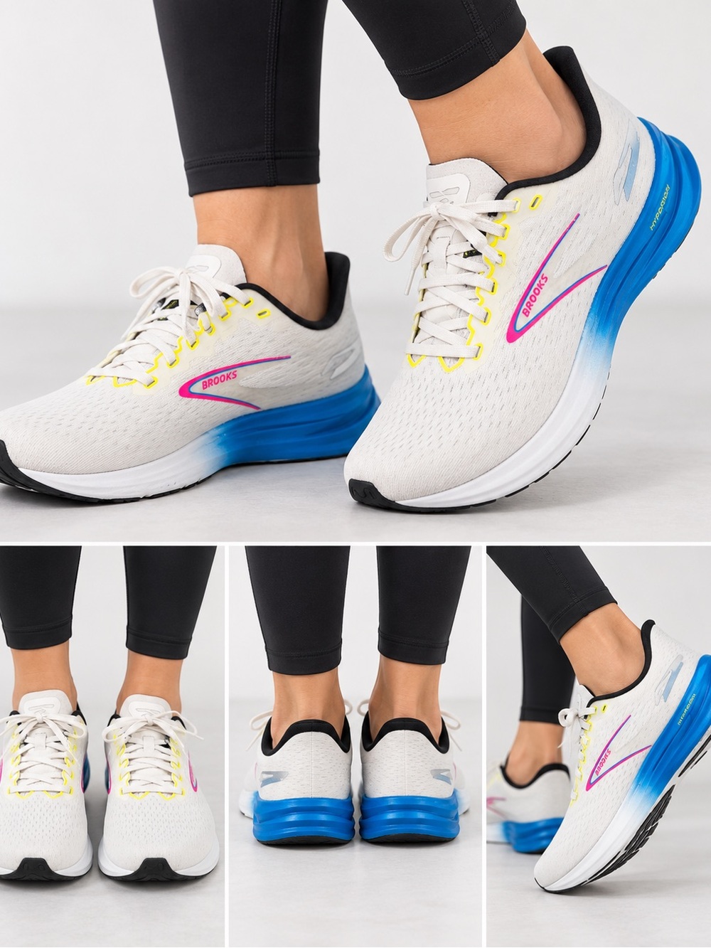 Brooks Women’s White Running Shoes with Blue Gradient Midsole and Pink Accent